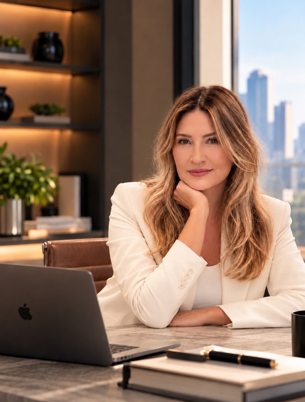 Carol Prado sentada à mesa de trabalho